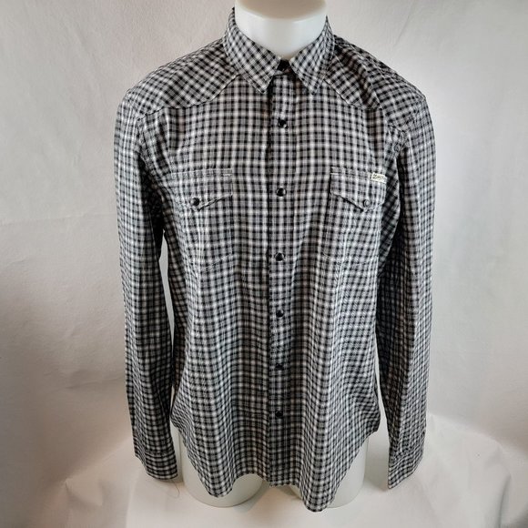 Lucky Brand Shirt Mens Large Black Pearl Snap Plaid Check Western Cowboy Rodeo - Picture 1 of 9